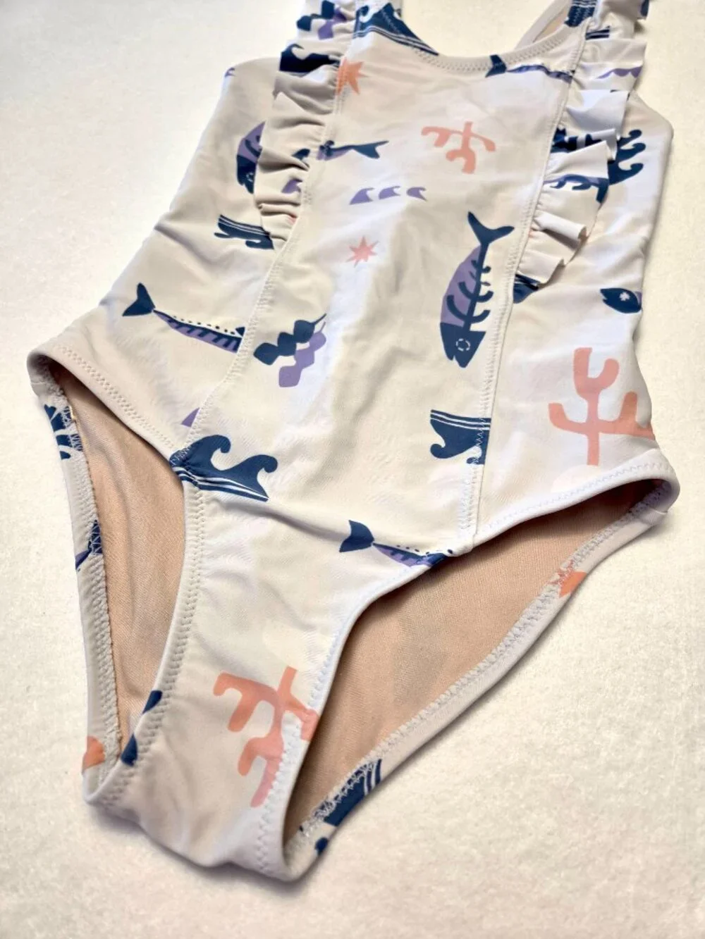 Tea Collection Girls Ruffle One Piece Swimsuit Off-White Print Girls Size 6